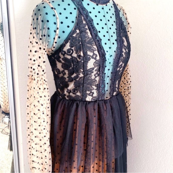 BLACK GOTHIC PEACH ORANGE LACE CORSET RUFFLE CHIFFON DRESS WITH A SLIT. SZ M. - Picture 3 of 5